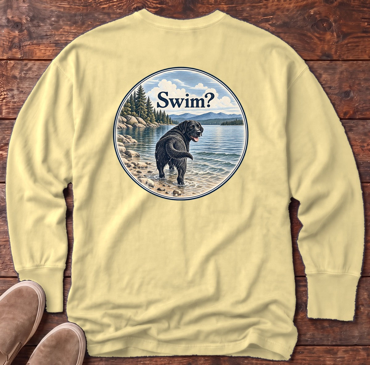 Swim Black Lab Lake Back Design Long Sleeve Tee in Butter, Salty Paws Comfort Colors Long Sleeve Tee, back design flat lay