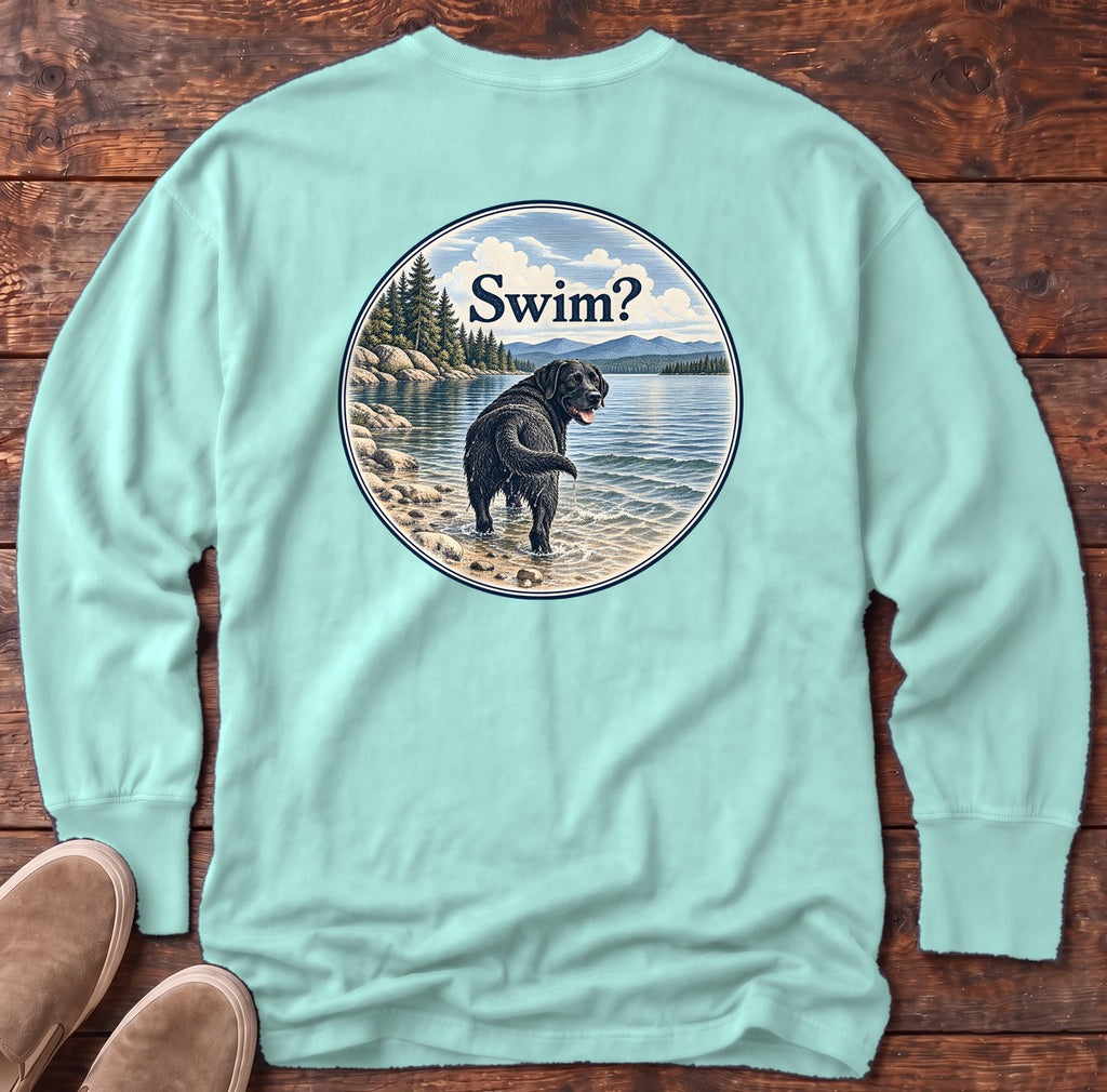 Swim Black Lab Lake Back Design Long Sleeve Tee in Chalky Mint, Salty Paws Comfort Colors Long Sleeve Tee, back design flat lay