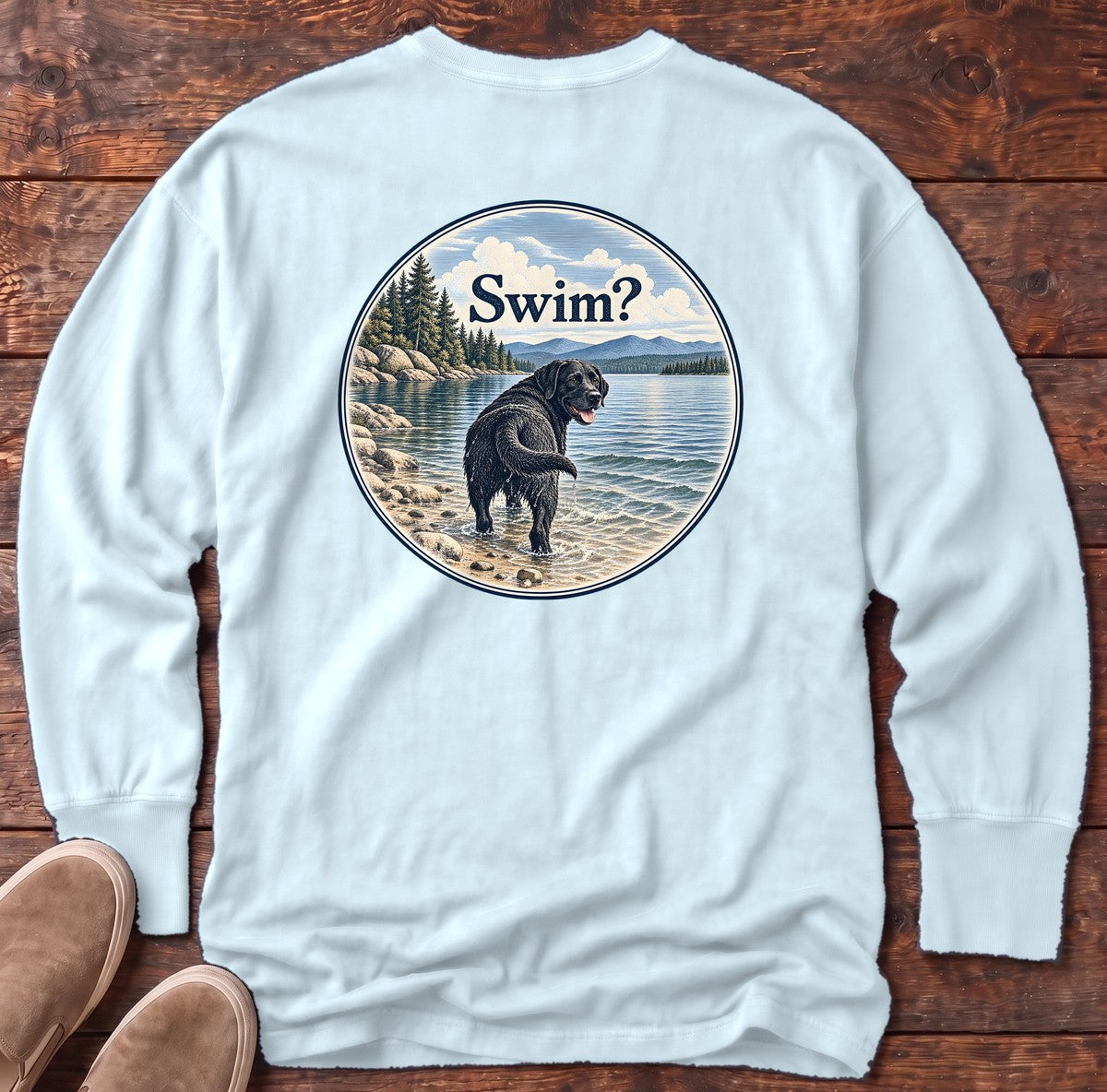 Swim Black Lab Lake Back Design Long Sleeve Tee in Chambray, Salty Paws Comfort Colors Long Sleeve Tee, back design flat lay