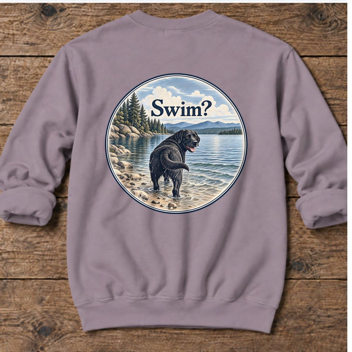 Swim Black Lab Lake Back Design Midweight Sweatshirt in Paragon, Salty Paws Midweight Sweatshirt, back design flat lay