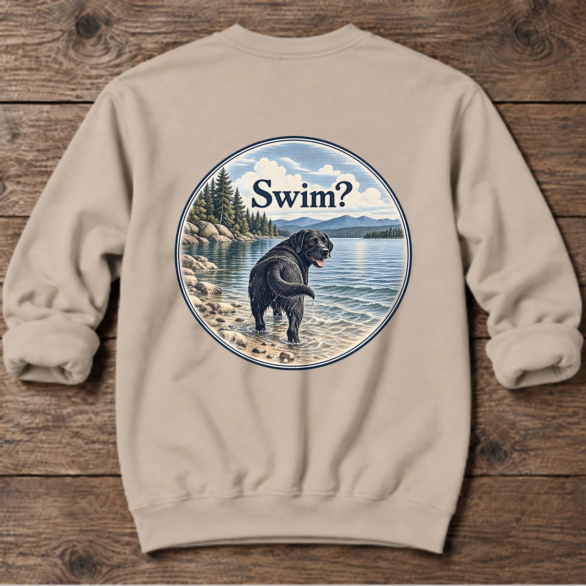 Swim Black Lab Lake Back Design Midweight Sweatshirt in Sand, Salty Paws Midweight Sweatshirt, back design flat lay