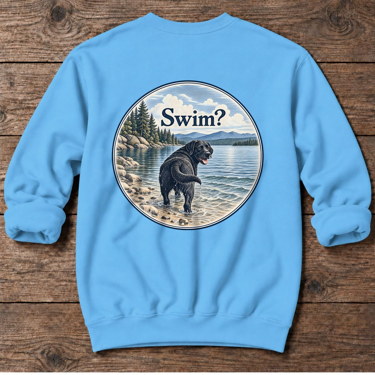 Swim Black Lab Lake Back Design Midweight Sweatshirt in Sky, Salty Paws Midweight Sweatshirt, back design flat lay