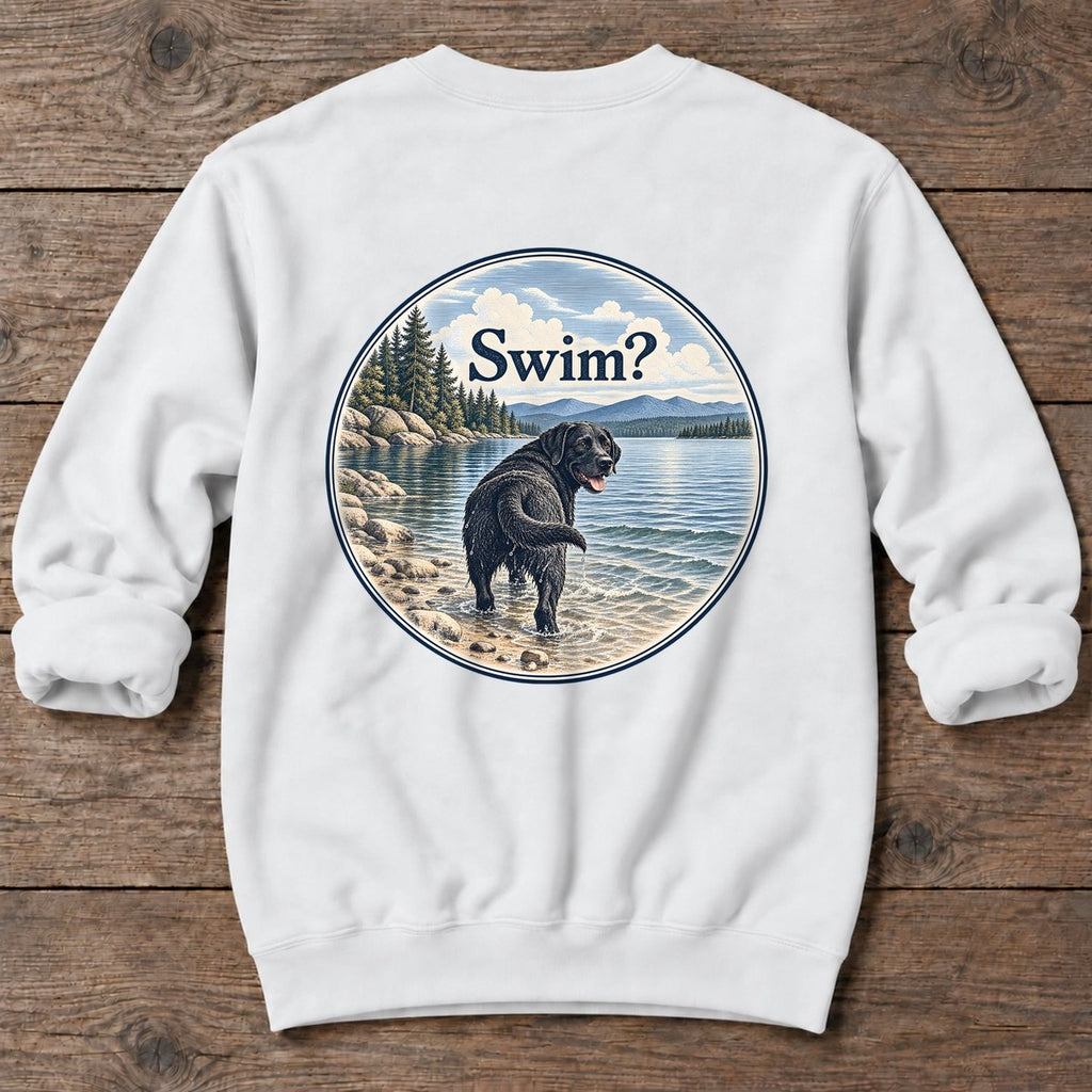 Swim Black Lab Lake Back Design Midweight Sweatshirt in White, Salty Paws Midweight Sweatshirt, back design flat lay