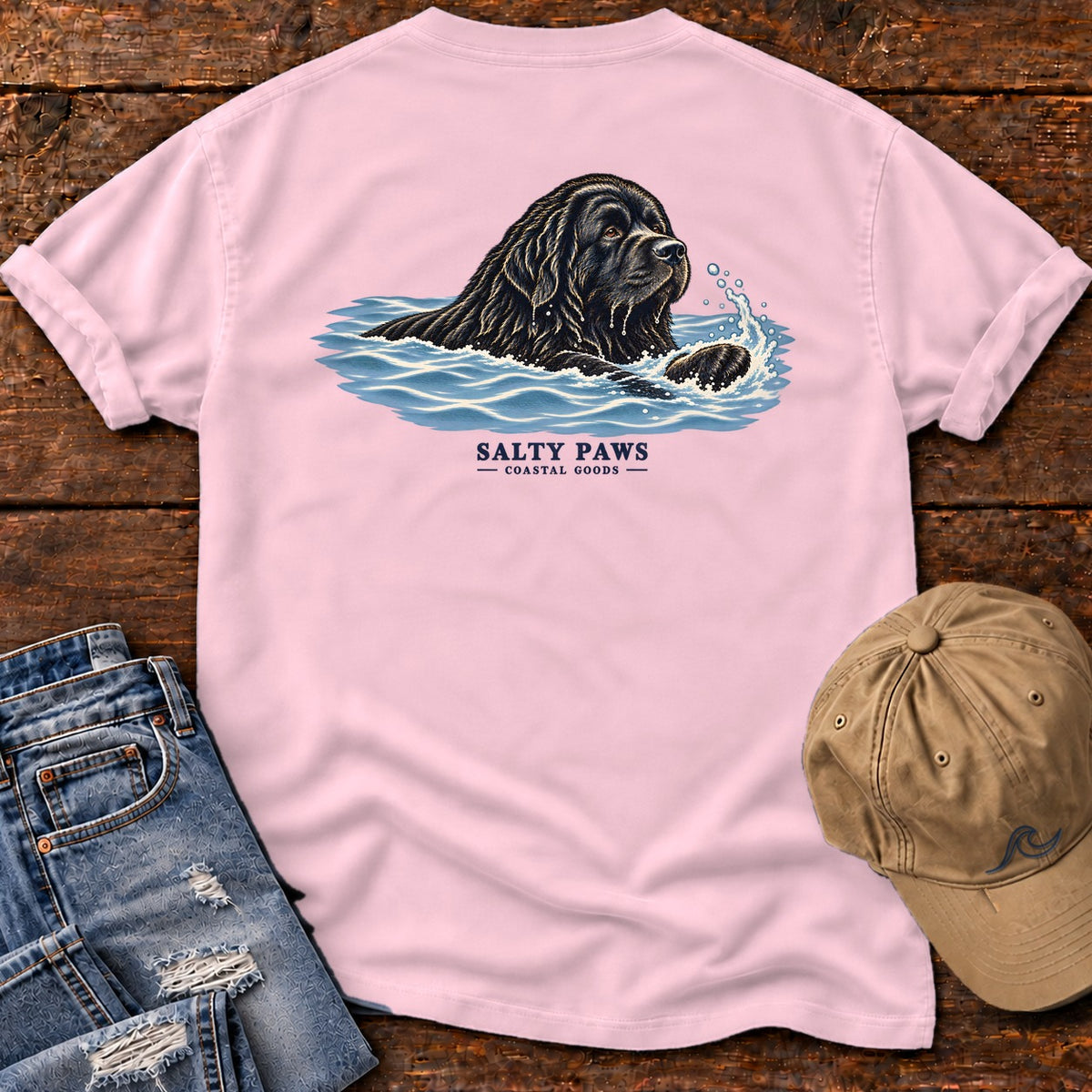Swimming Newfoundland Back Design T-Shirt in Blossom, Salty Paws Comfort Colors T-Shirt, back design flat lay
