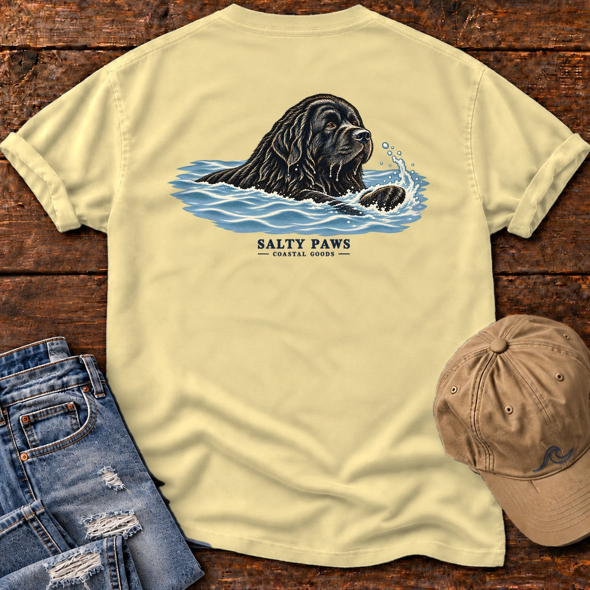 Swimming Newfoundland Back Design T-Shirt in Butter, Salty Paws Comfort Colors T-Shirt, back design flat lay