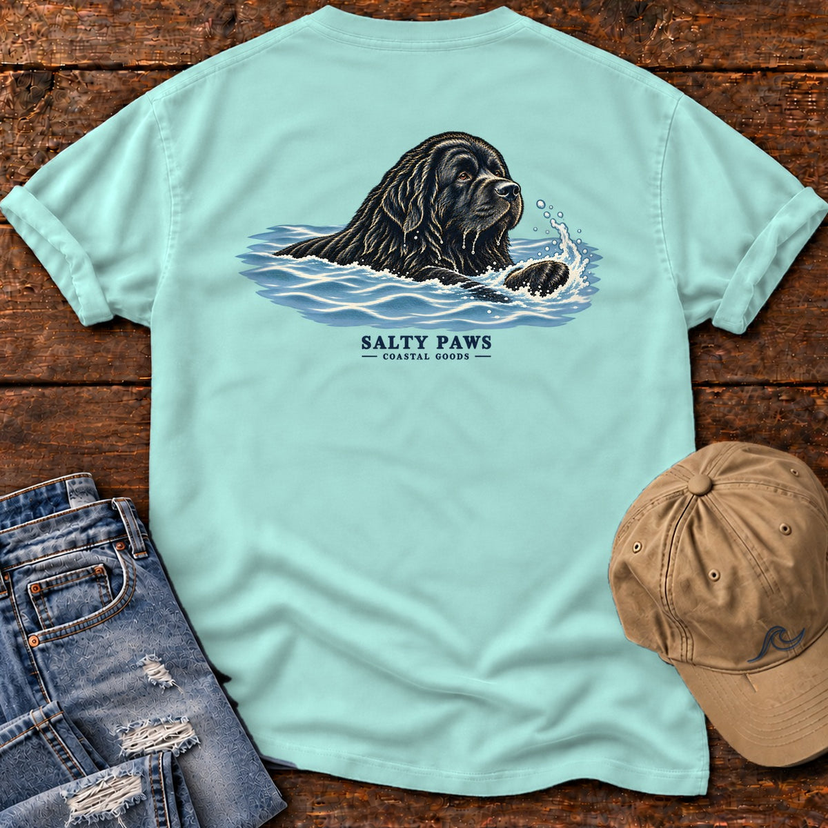 Swimming Newfoundland Back Design T-Shirt in Chalky Mint, Salty Paws Comfort Colors T-Shirt, back design flat lay