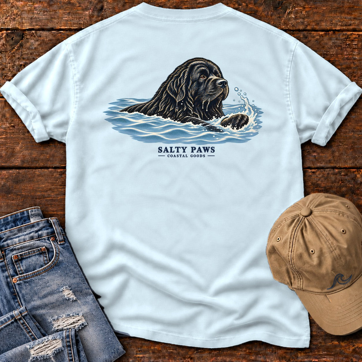Swimming Newfoundland Back Design T-Shirt in Chambray, Salty Paws Comfort Colors T-Shirt, back design flat lay