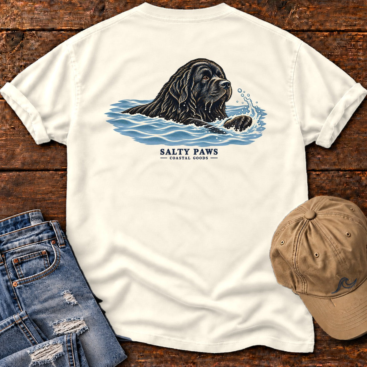 Swimming Newfoundland Back Design T-Shirt in Ivory, Salty Paws Comfort Colors T-Shirt, back design flat lay
