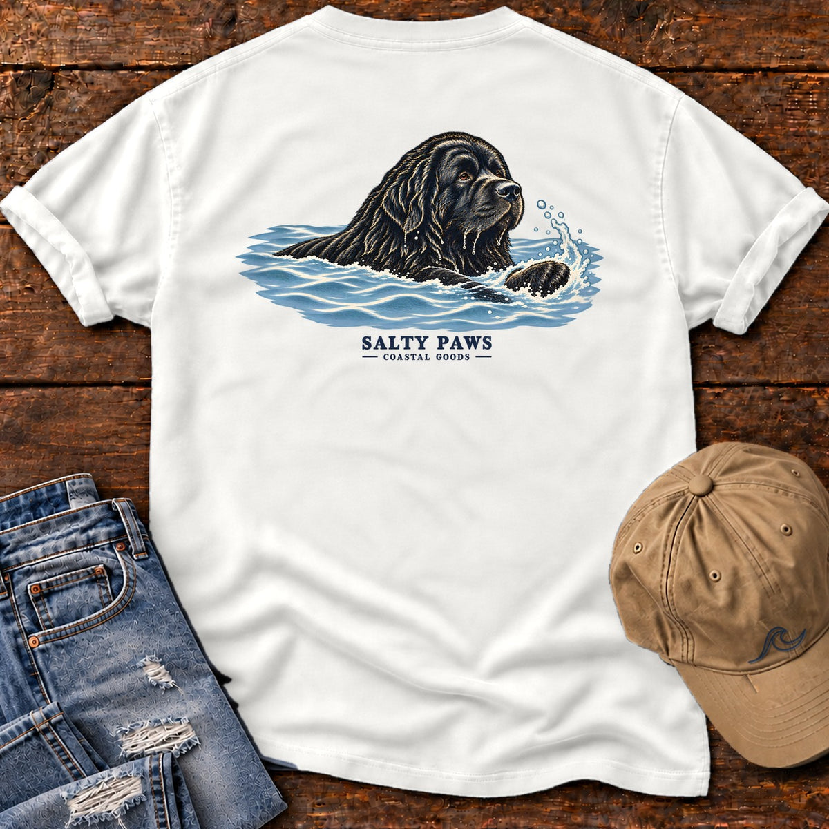 Swimming Newfoundland Back Design T-Shirt in White, Salty Paws Comfort Colors T-Shirt, back design flat lay