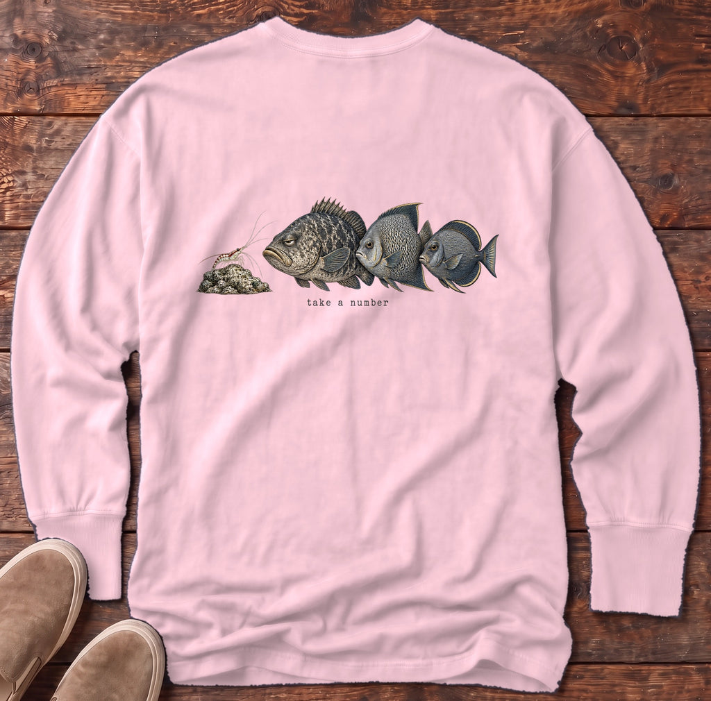 Take a Number Fish Back Design Long Sleeve Tee Comfort Colors in Blossom, Salty Paws Comfort Colors Long Sleeve Tee, back design flat lay