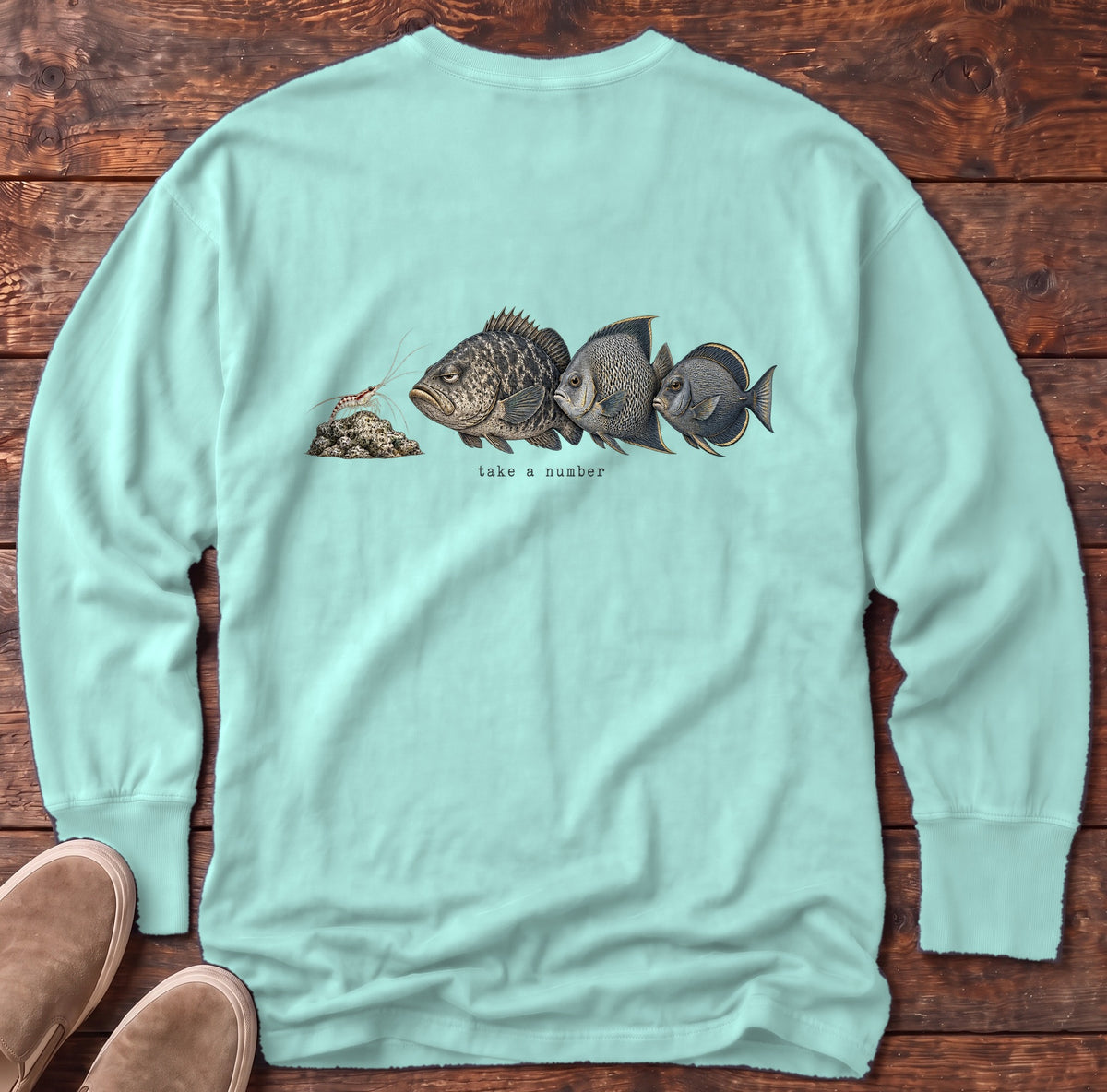Take a Number Fish Back Design Long Sleeve Tee Comfort Colors in Chalky Mint, Salty Paws Comfort Colors Long Sleeve Tee, back design flat lay