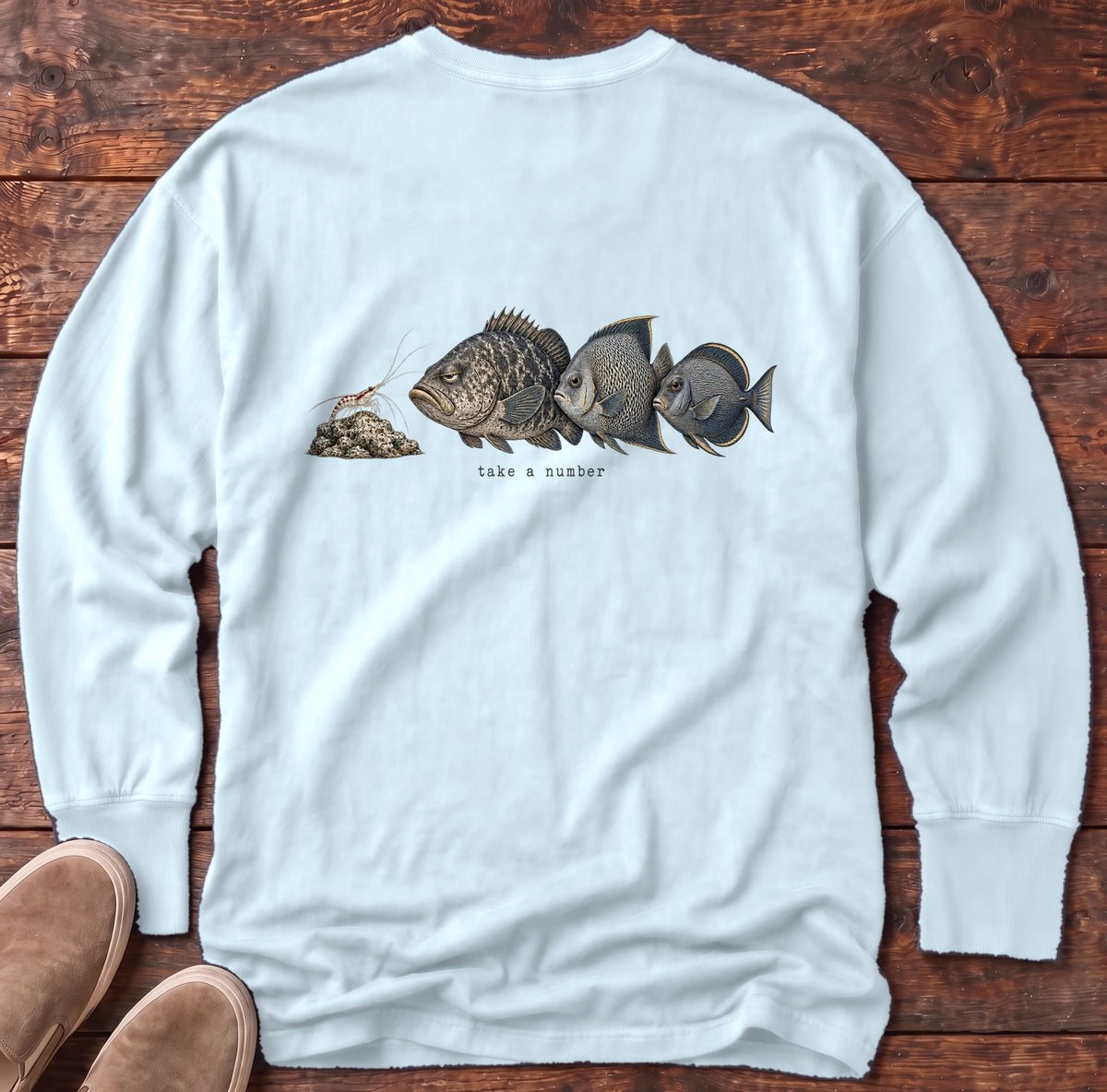 Take a Number Fish Back Design Long Sleeve Tee Comfort Colors in Chambray, Salty Paws Comfort Colors Long Sleeve Tee, back design flat lay