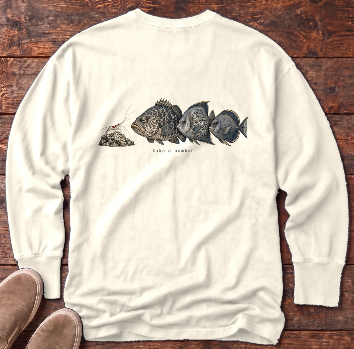 Take a Number Fish Back Design Long Sleeve Tee Comfort Colors in Ivory, Salty Paws Comfort Colors Long Sleeve Tee, back design flat lay