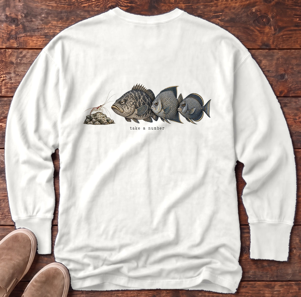 Take a Number Fish Back Design Long Sleeve Tee Comfort Colors in White, Salty Paws Comfort Colors Long Sleeve Tee, back design flat lay