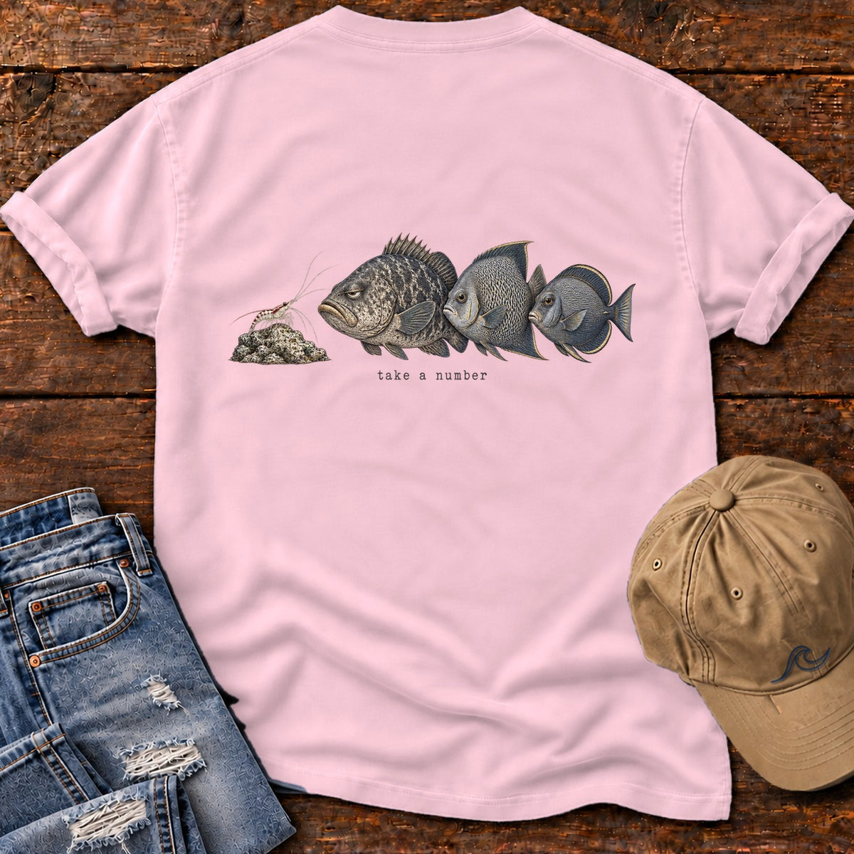 Take a Number Fish Back Design T-Shirt Comfort Colors in Blossom, Salty Paws Comfort Colors T-Shirt, back design flat lay