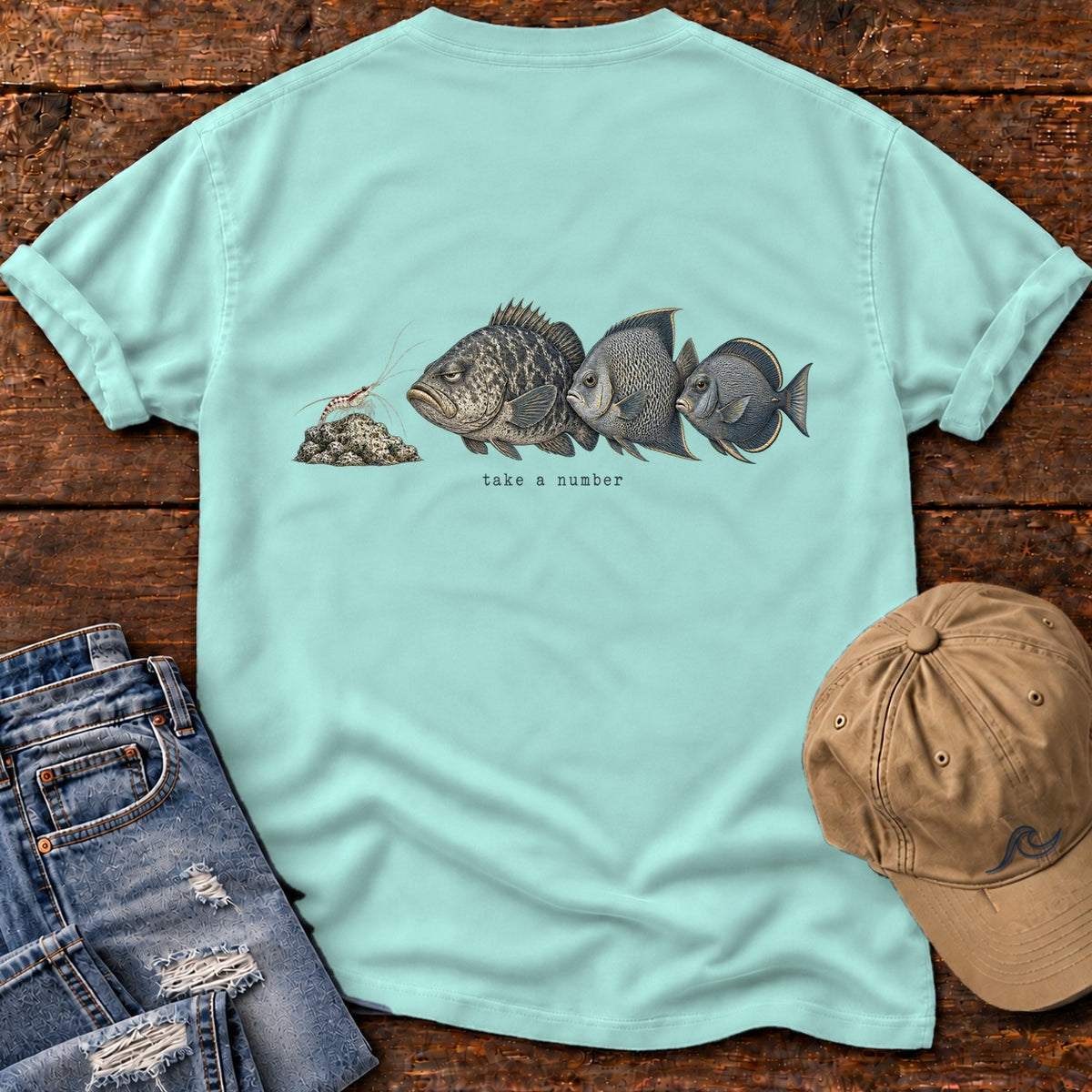 Take a Number Fish Back Design T-Shirt Comfort Colors in Chalky Mint, Salty Paws Comfort Colors T-Shirt, back design flat lay