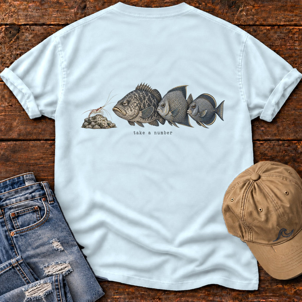 Take a Number Fish Back Design T-Shirt Comfort Colors in Chambray, Salty Paws Comfort Colors T-Shirt, back design flat lay