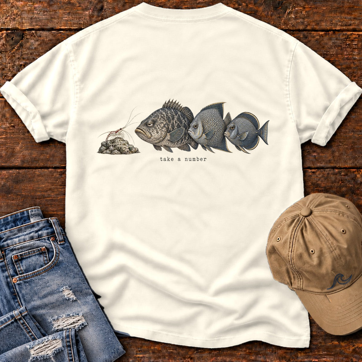 Take a Number Fish Back Design T-Shirt Comfort Colors in Ivory, Salty Paws Comfort Colors T-Shirt, back design flat lay