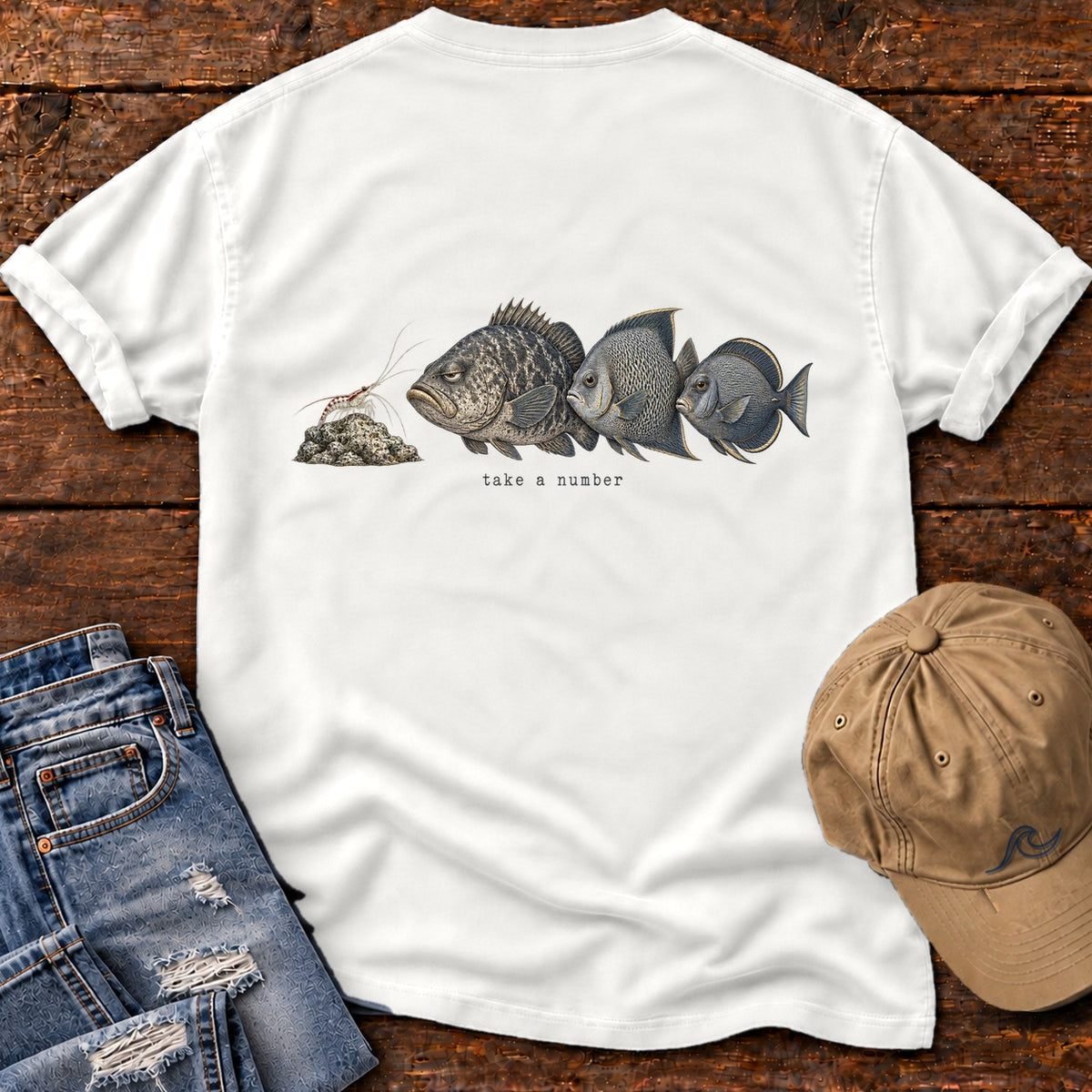 Take a Number Fish Back Design T-Shirt Comfort Colors in White, Salty Paws Comfort Colors T-Shirt, back design flat lay