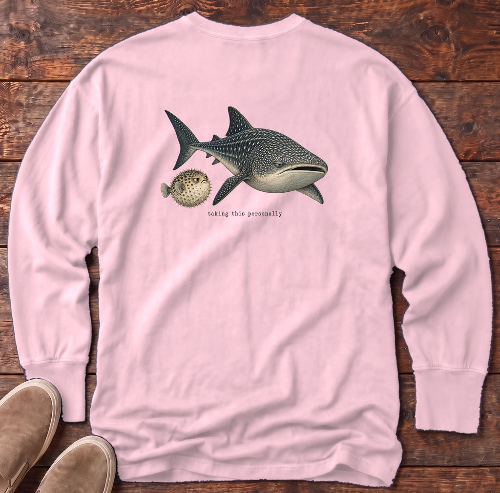 Taking This Personally Whale Shark Back Design Long Sleeve Tee Comfort Colors in Blossom, Salty Paws Comfort Colors Long Sleeve Tee, back design flat lay