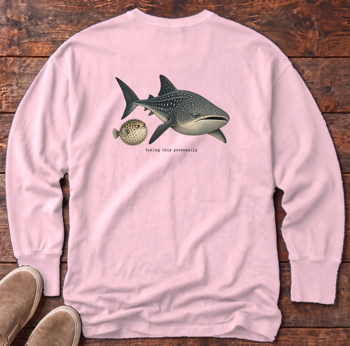 Taking This Personally Whale Shark Back Design Long Sleeve Tee Comfort Colors in Blossom, Salty Paws Comfort Colors Long Sleeve Tee, back design flat lay