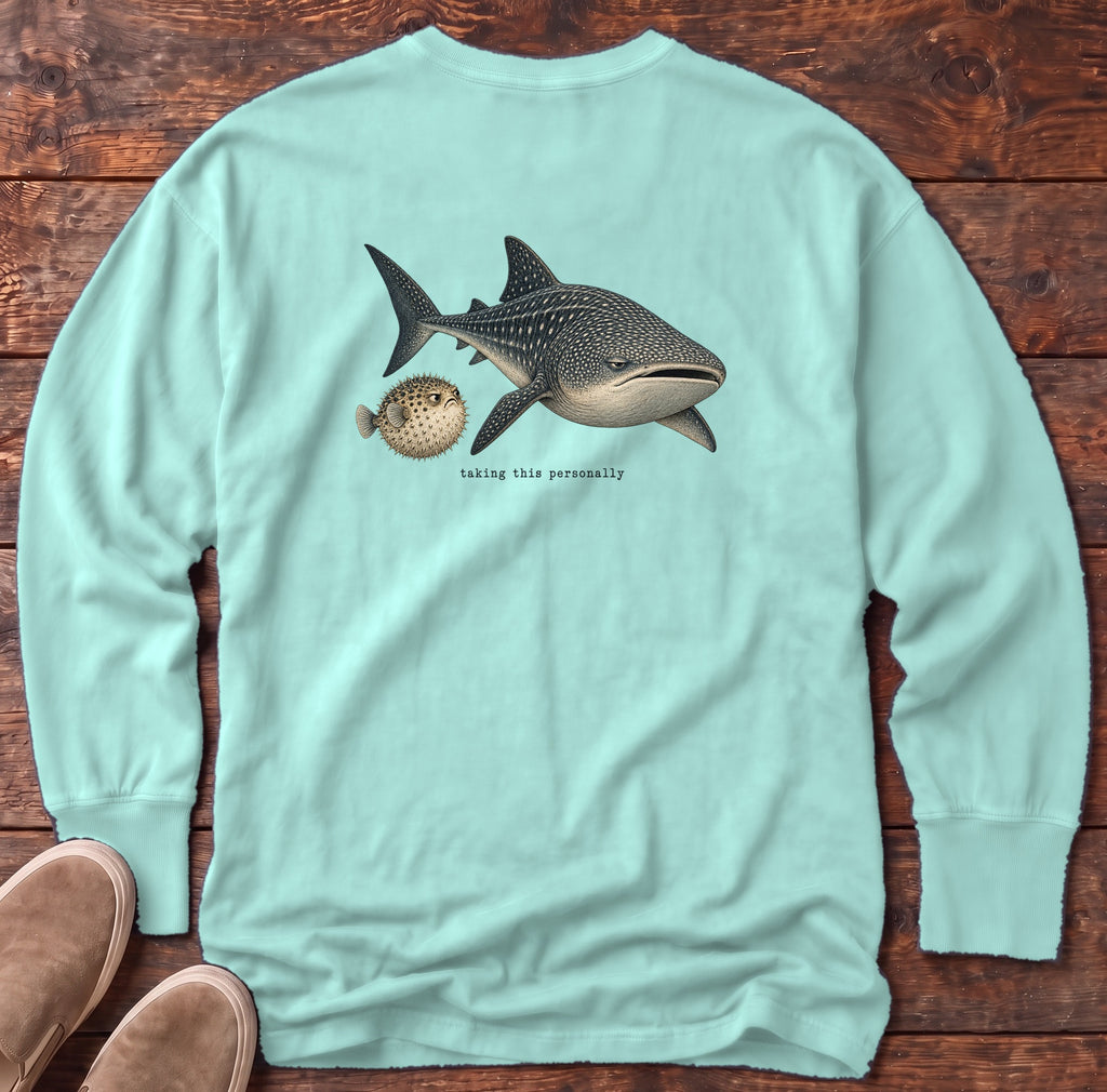 Taking This Personally Whale Shark Back Design Long Sleeve Tee Comfort Colors in Chalky Mint, Salty Paws Comfort Colors Long Sleeve Tee, back design flat lay