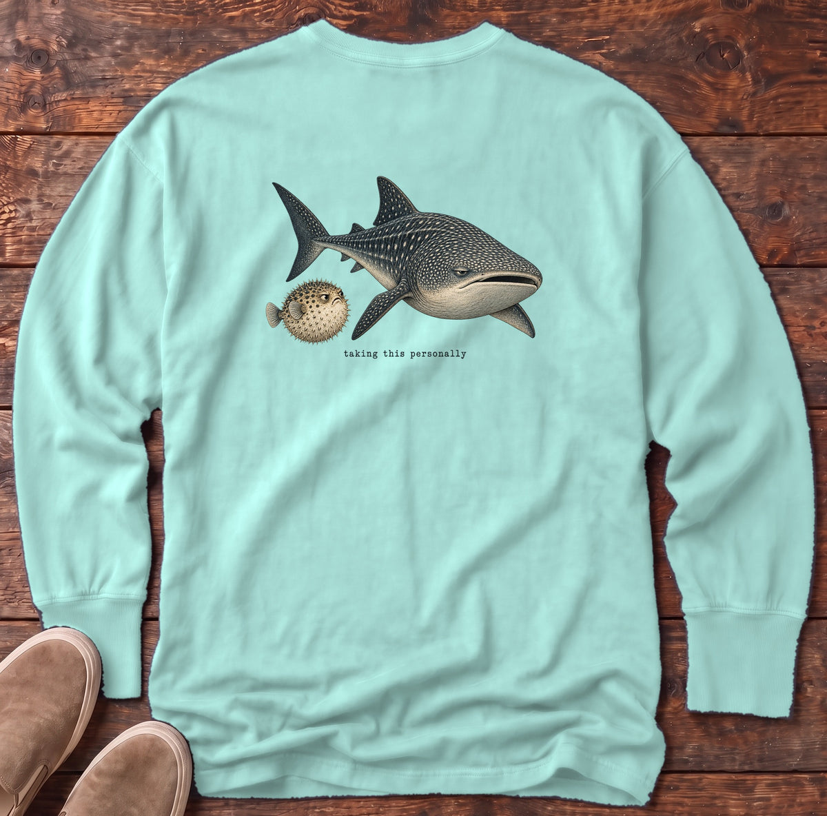 Taking This Personally Whale Shark Back Design Long Sleeve Tee Comfort Colors in Chalky Mint, Salty Paws Comfort Colors Long Sleeve Tee, back design flat lay