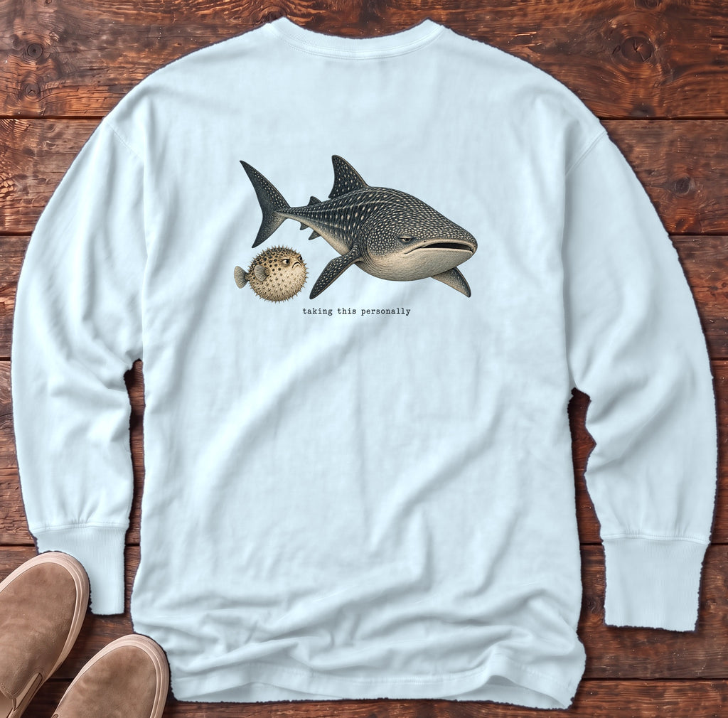 Taking This Personally Whale Shark Back Design Long Sleeve Tee Comfort Colors in Chambray, Salty Paws Comfort Colors Long Sleeve Tee, back design flat lay