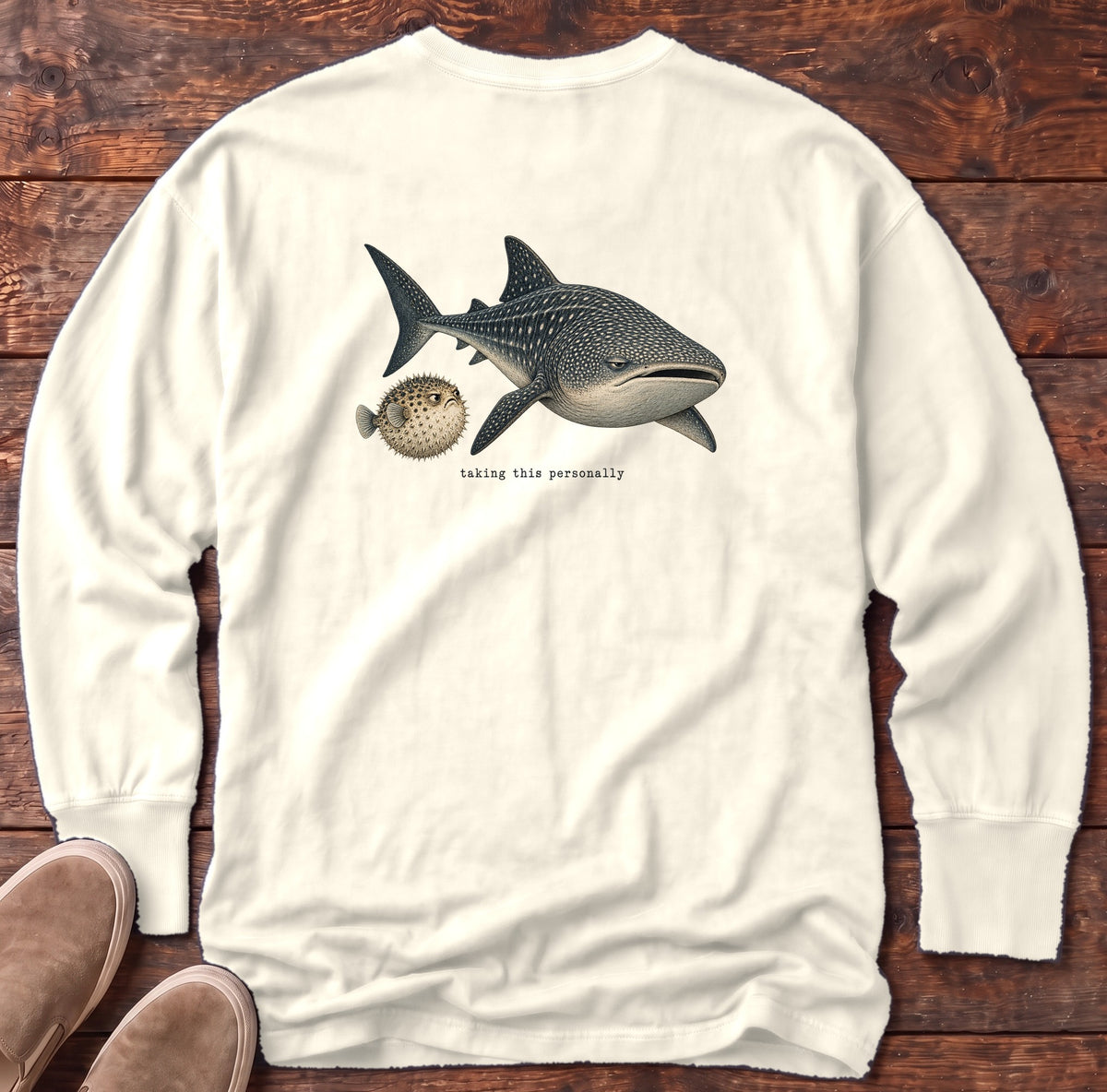 Taking This Personally Whale Shark Back Design Long Sleeve Tee Comfort Colors in Ivory, Salty Paws Comfort Colors Long Sleeve Tee, back design flat lay