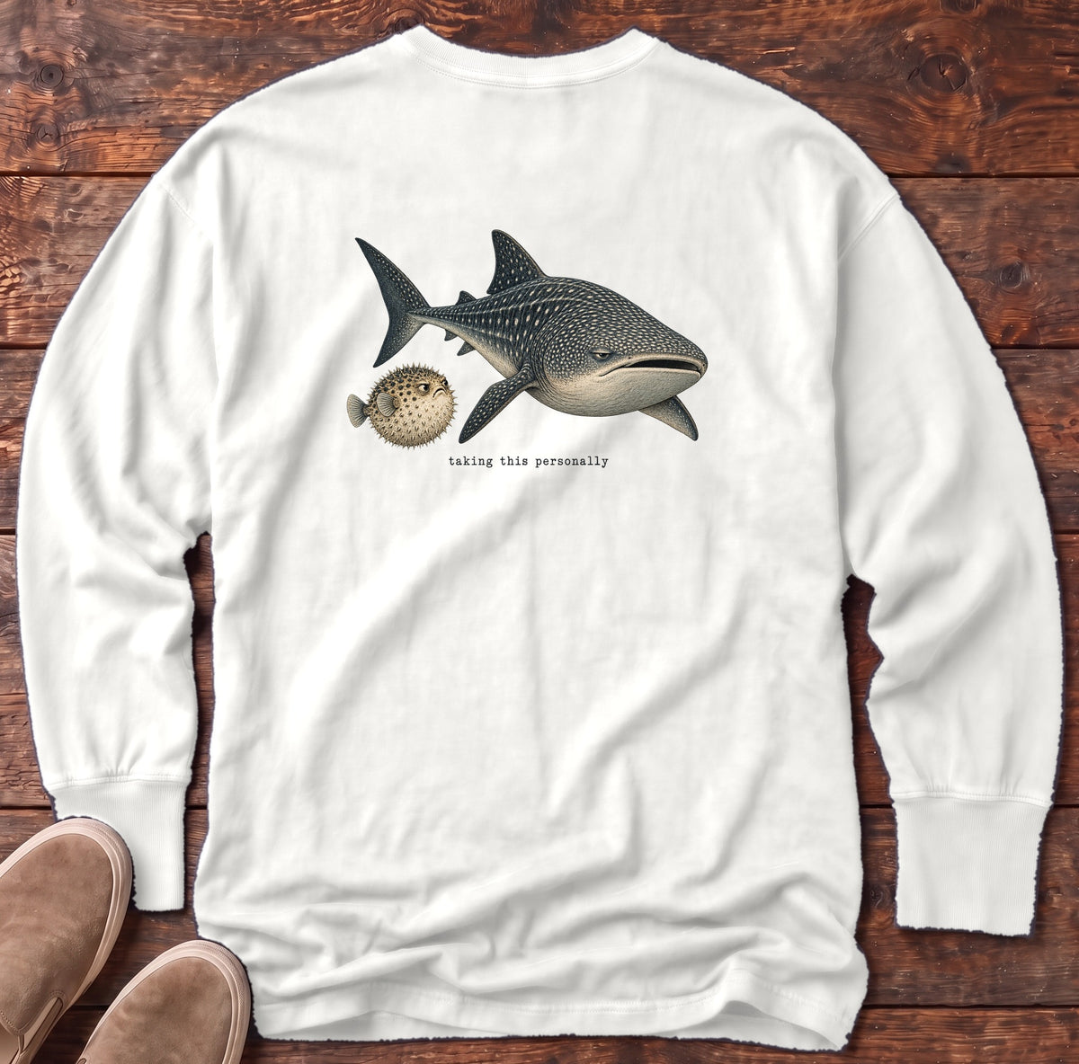 Taking This Personally Whale Shark Back Design Long Sleeve Tee Comfort Colors in White, Salty Paws Comfort Colors Long Sleeve Tee, back design flat lay