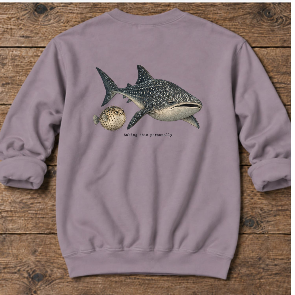 Taking This Personally Whale Shark Back Design Midweight Sweatshirt in Paragon, Salty Paws Midweight Sweatshirt, back design flat lay