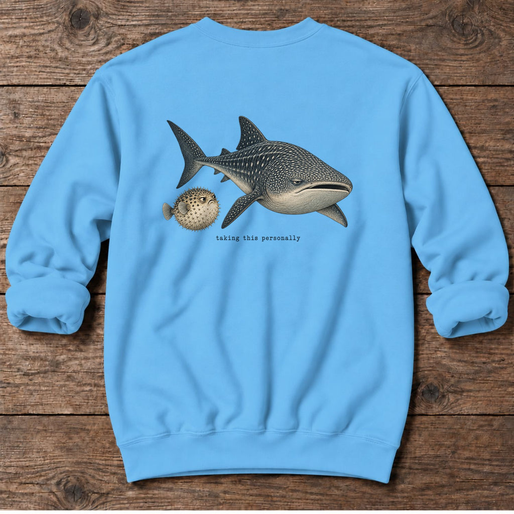 Taking This Personally Whale Shark Back Design Midweight Sweatshirt in Sky, Salty Paws Midweight Sweatshirt, back design flat lay