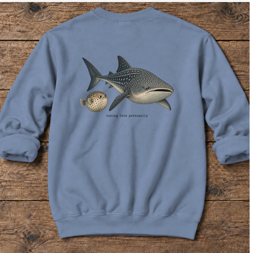 Taking This Personally Whale Shark Back Design Midweight Sweatshirt in Stone Blue, Salty Paws Midweight Sweatshirt, back design flat lay