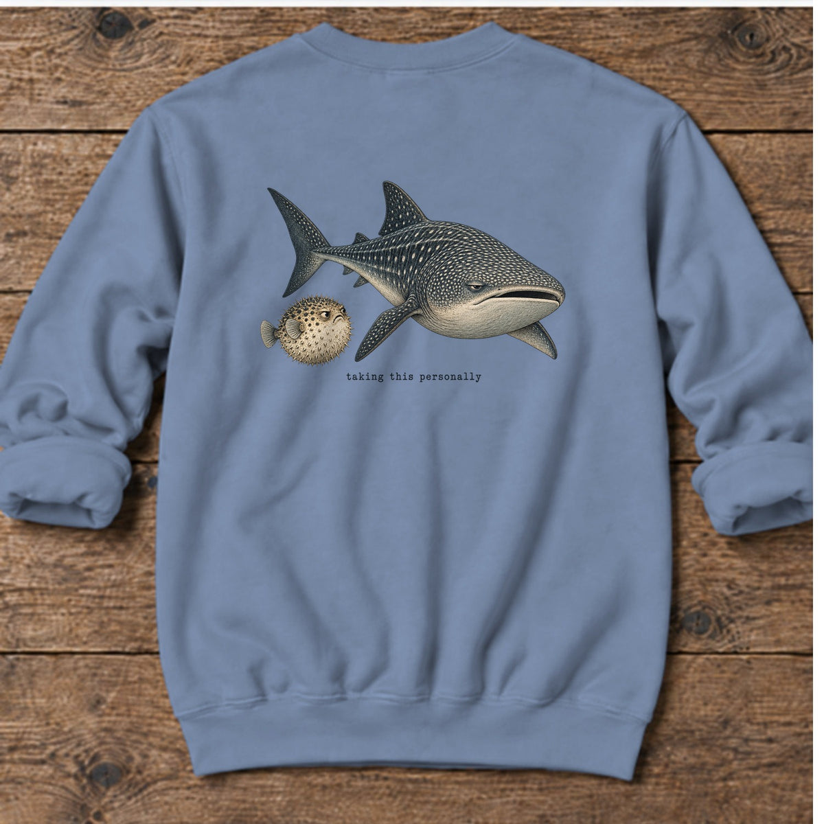Taking This Personally Whale Shark Back Design Midweight Sweatshirt in Stone Blue, Salty Paws Midweight Sweatshirt, back design flat lay