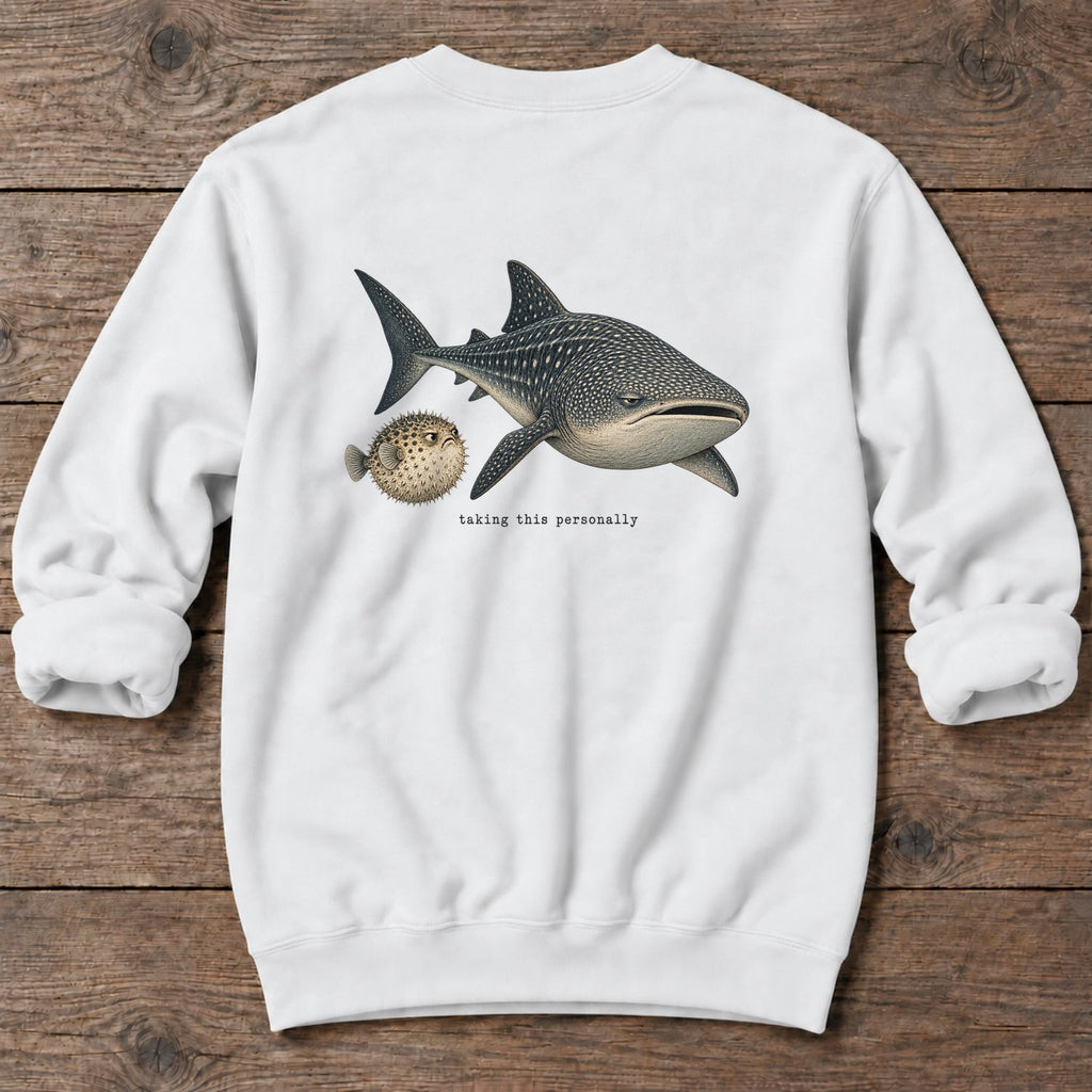 Taking This Personally Whale Shark Back Design Midweight Sweatshirt in White, Salty Paws Midweight Sweatshirt, back design flat lay