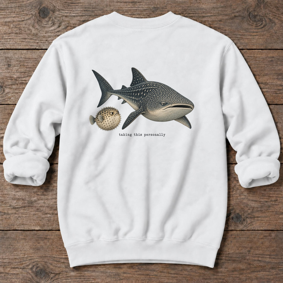 Taking This Personally Whale Shark Back Design Midweight Sweatshirt in White, Salty Paws Midweight Sweatshirt, back design flat lay