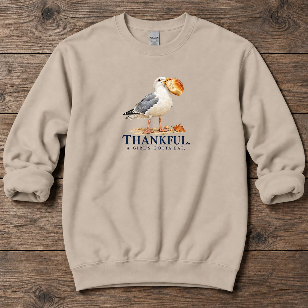 Thankful A Girl's Gotta Eat Seagull Midweight Sweatshirt in Sand, Salty Paws coastal sweatshirt