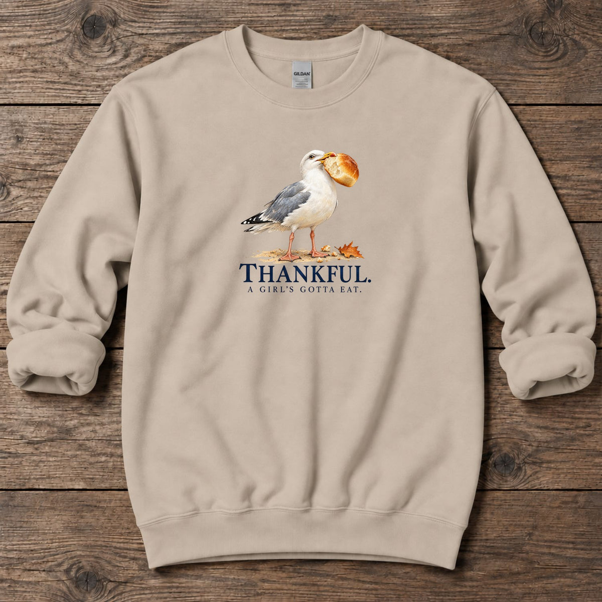 Thankful A Girl's Gotta Eat Seagull Midweight Sweatshirt in Sand, Salty Paws coastal sweatshirt