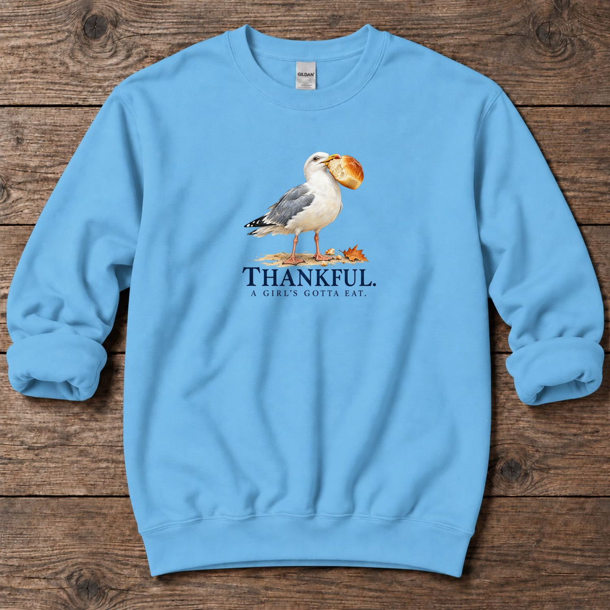 Thankful A Girl's Gotta Eat Seagull Midweight Sweatshirt in Sky, Salty Paws coastal sweatshirt