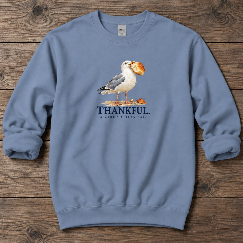 Thankful A Girl's Gotta Eat Seagull Midweight Sweatshirt in Stone Blue, Salty Paws coastal sweatshirt