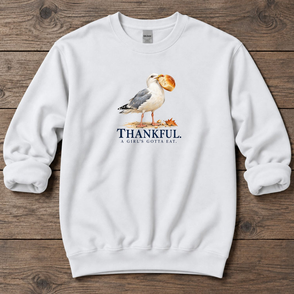 Thankful A Girl's Gotta Eat Seagull Midweight Sweatshirt in White, Salty Paws coastal sweatshirt