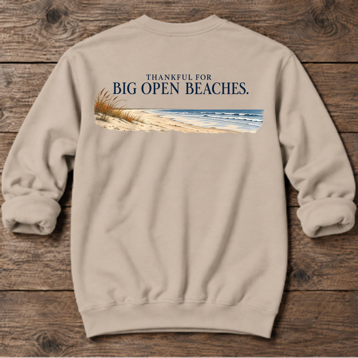 Thankful for Big Open Beaches Back Design Midweight Sweatshirt in Sand, Salty Paws coastal sweatshirt