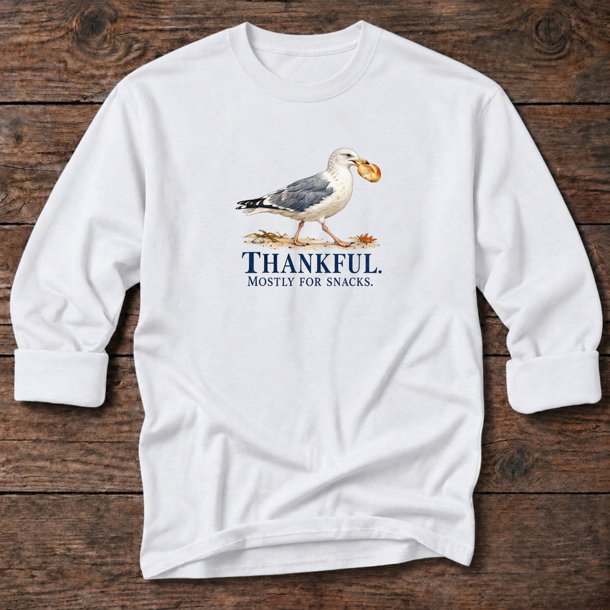 Thankful Mostly for Snacks Seagull Long T-Shirt in White, Salty Paws coastal long sleeve tee