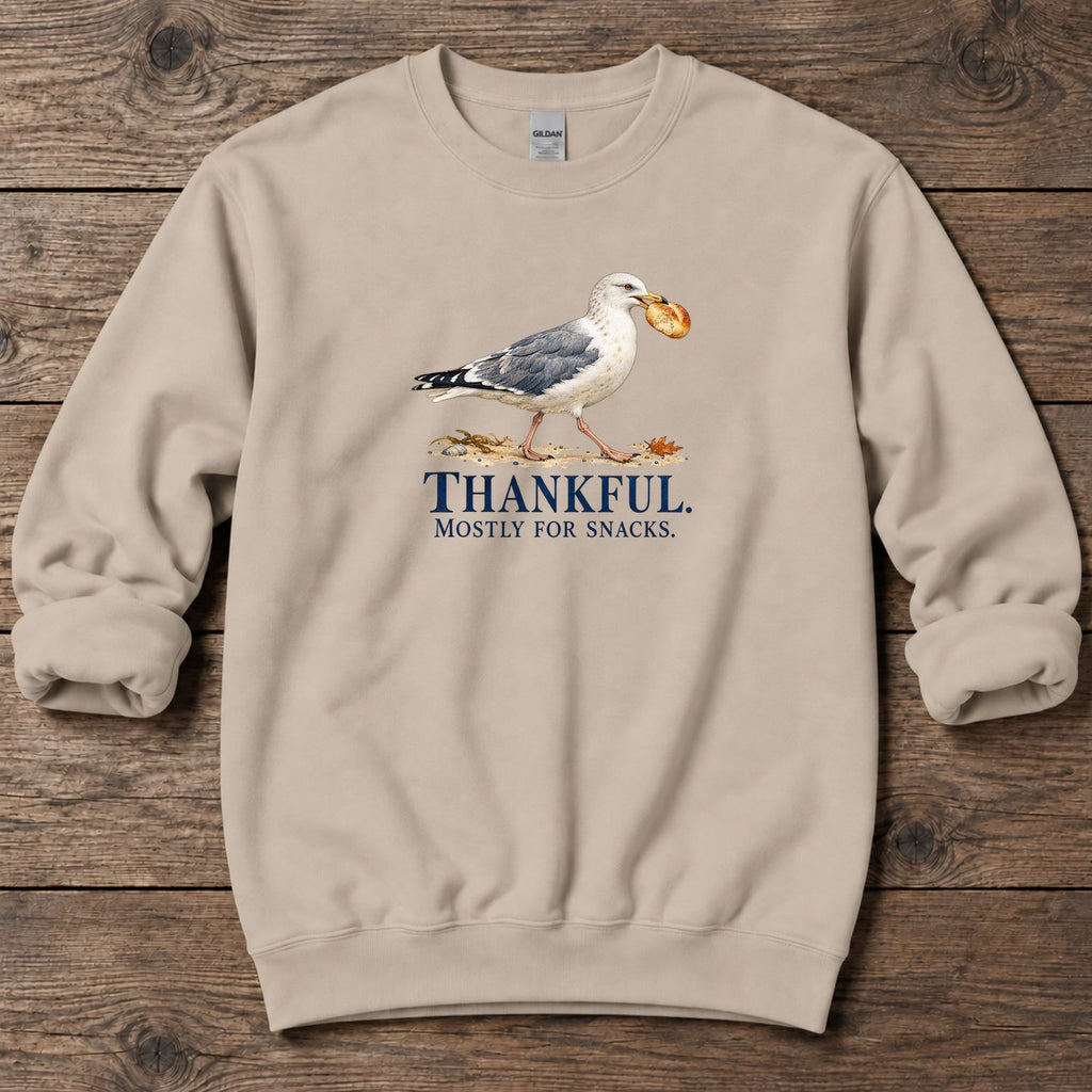 Thankful Mostly for Snacks Seagull Midweight Sweatshirt in Sand, Salty Paws coastal sweatshirt