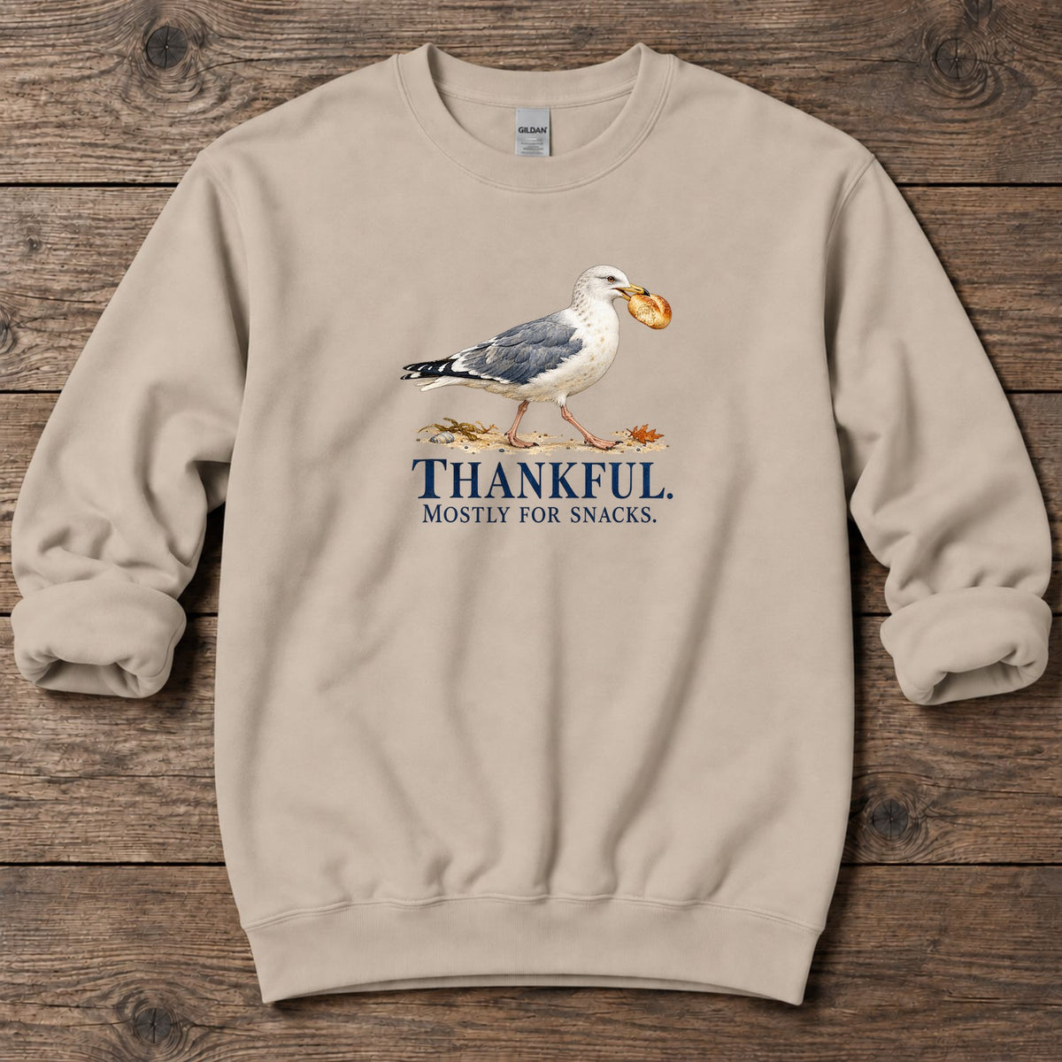 Thankful Mostly for Snacks Seagull Midweight Sweatshirt in Sand, Salty Paws coastal sweatshirt