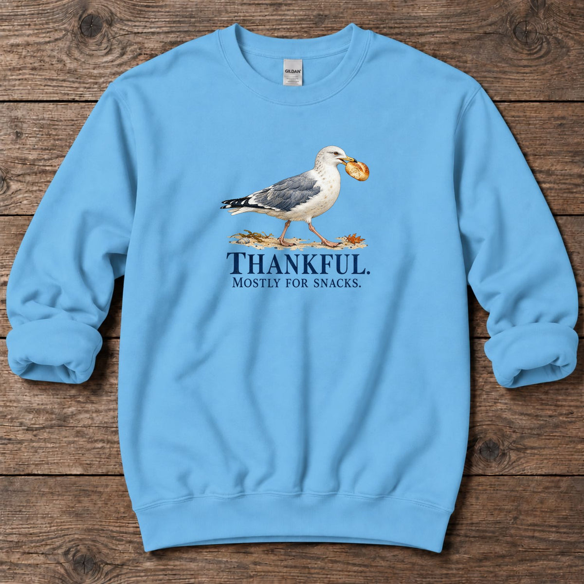Thankful Mostly for Snacks Seagull Midweight Sweatshirt in Sky, Salty Paws coastal sweatshirt