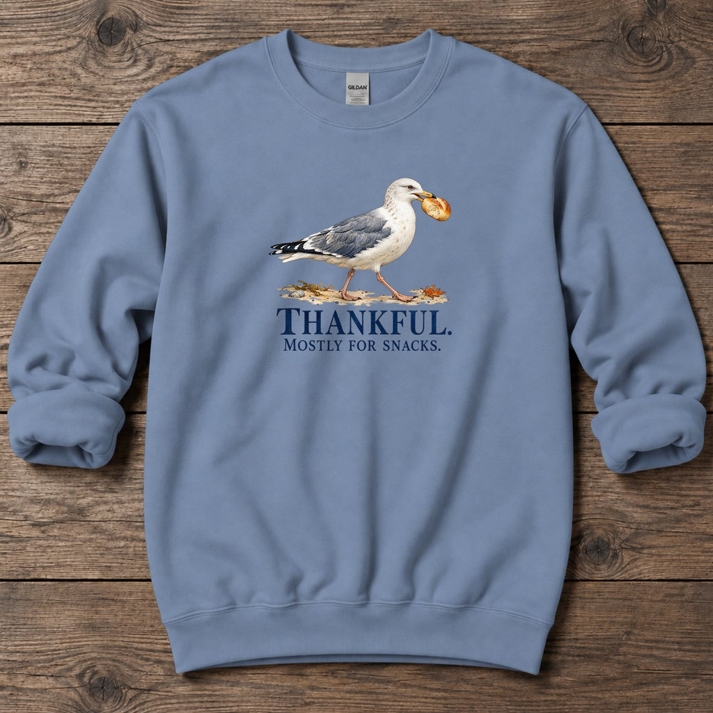 Thankful Mostly for Snacks Seagull Midweight Sweatshirt in Stone Blue, Salty Paws coastal sweatshirt