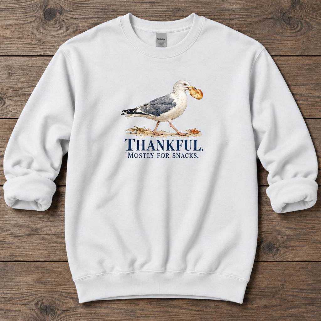 Thankful Mostly for Snacks Seagull Midweight Sweatshirt in White, Salty Paws coastal sweatshirt