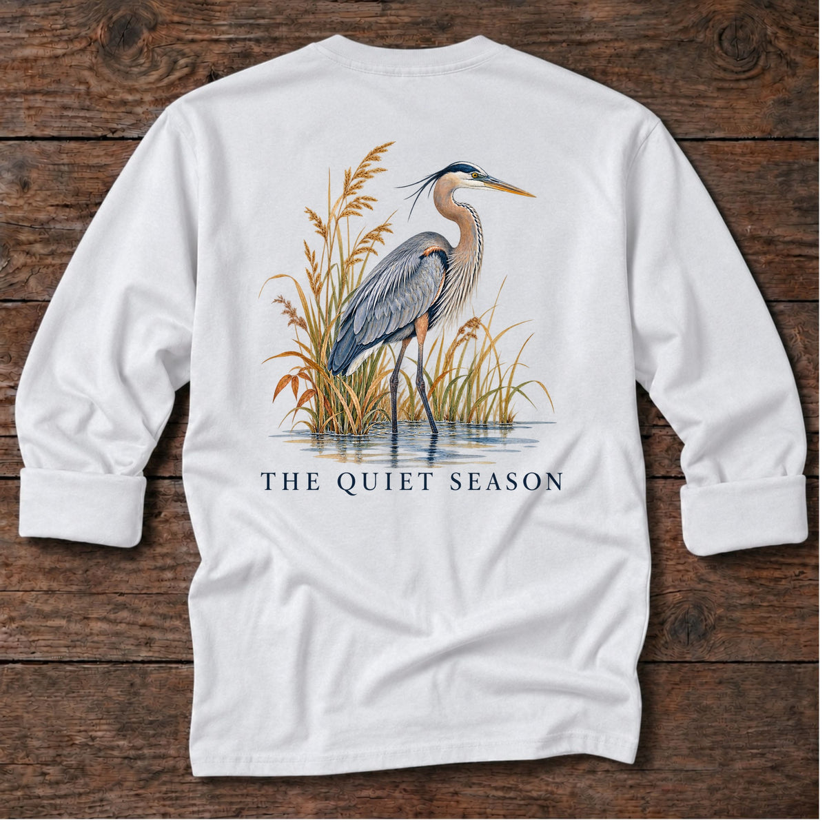 The Quiet Season Heron Back Design Long T-Shirt in White, Salty Paws coastal long sleeve tee