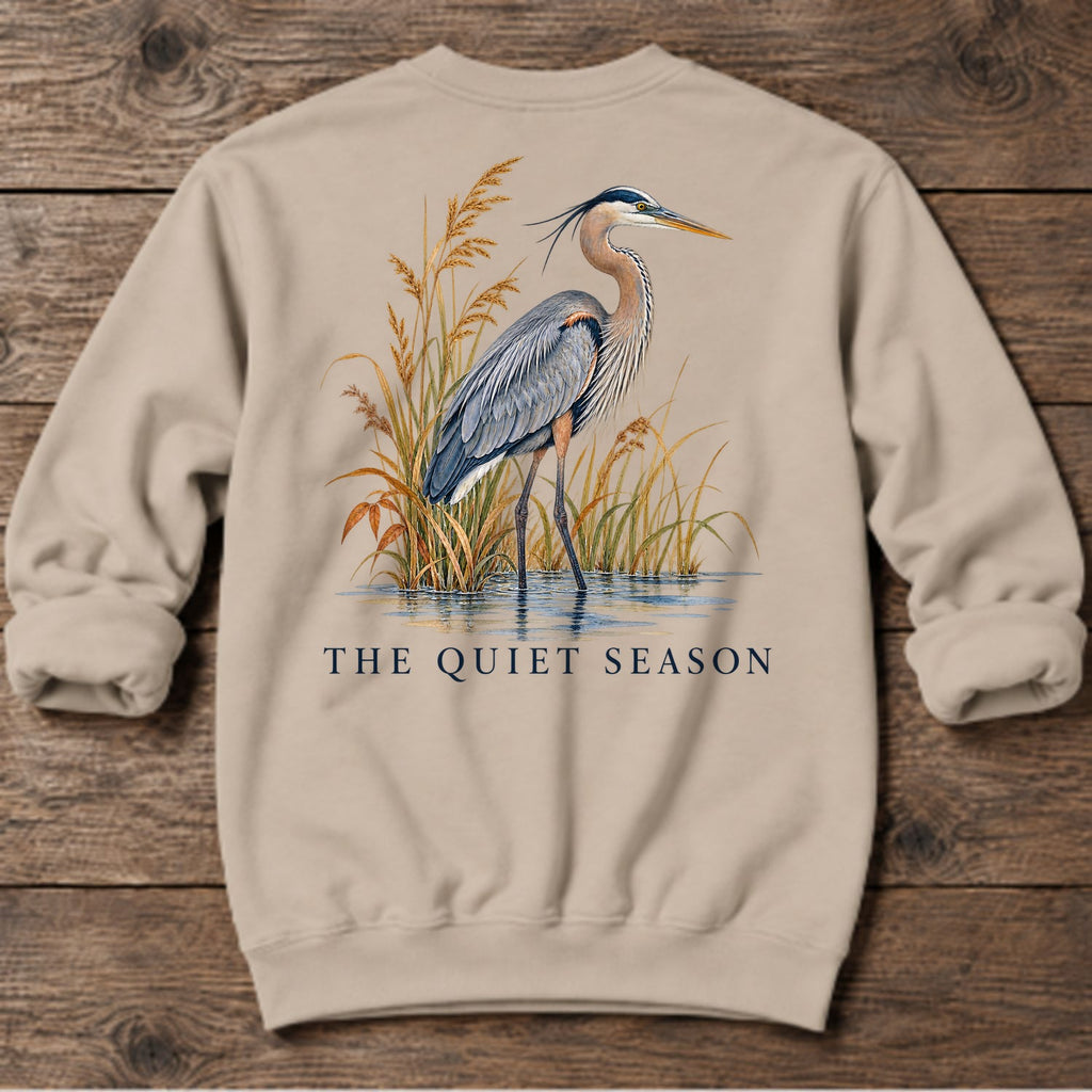 The Quiet Season Heron Back Design Midweight Sweatshirt in Sand, Salty Paws coastal sweatshirt